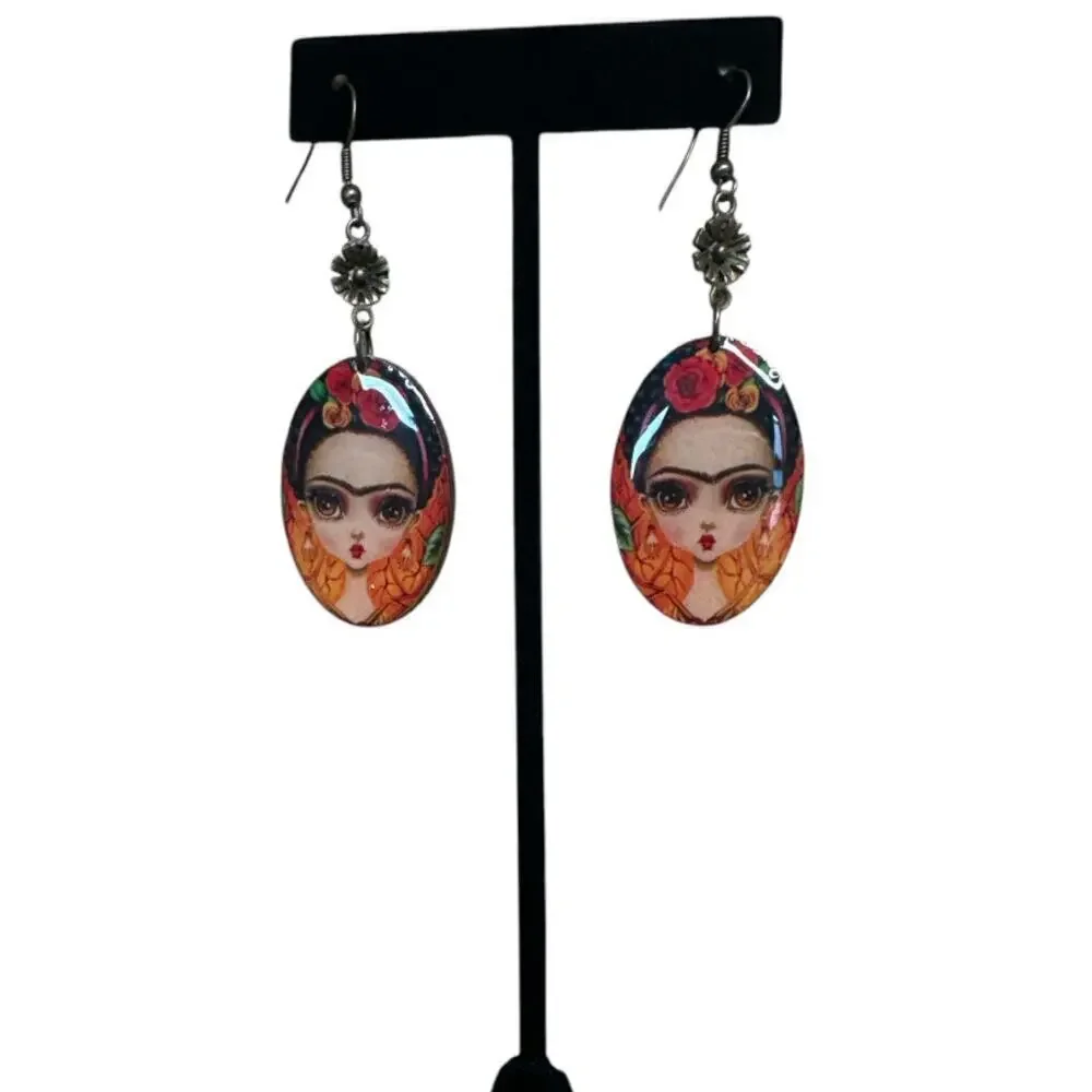 Frida Kahlo Red Orange Oval Wooden Lightweight Printed Earrings 1.5